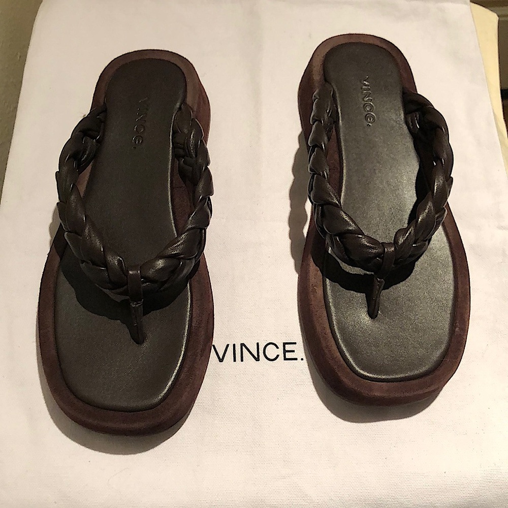 Vince Nita Braided Leather And Suede Platform Flip Flops in Brown.